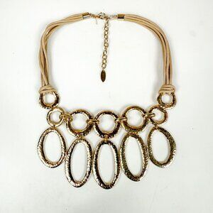 St Thomas Gold Tone Chunky Hammered Links Necklace  Leather Cords